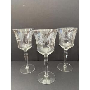 3 Vintage Princess House, Bordeaux Clear Wine Goblets Etched Floral Design 7.75”